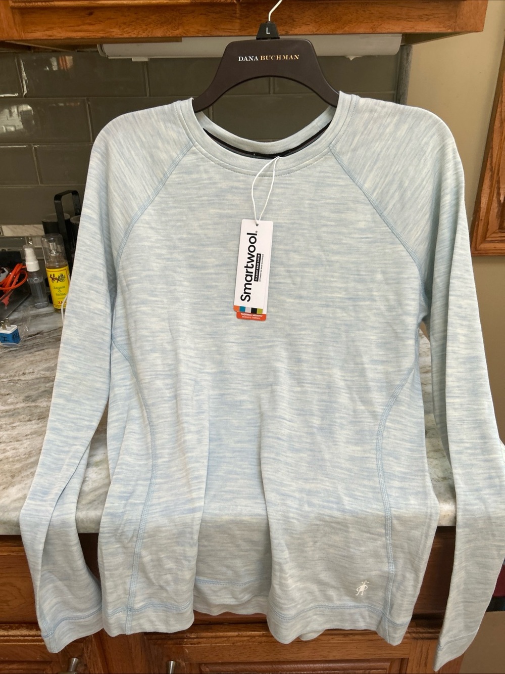 $115 Smartwool Women Merino woolBase Layer Crew top Winter Sky Heather Blue Sz L